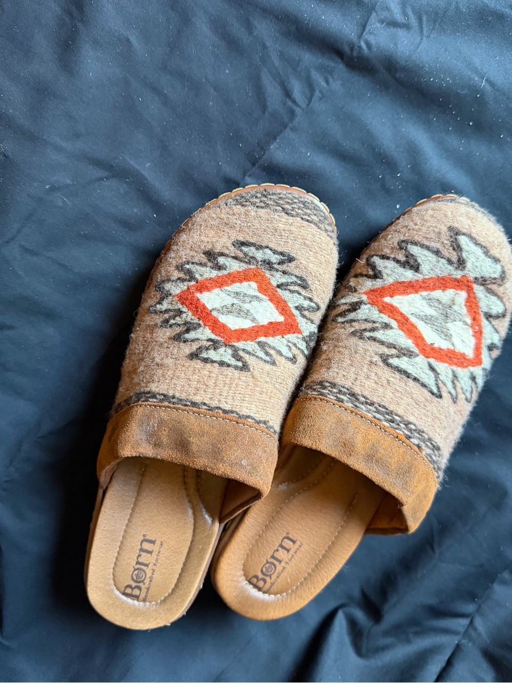 Born Tan Slip-On Mules with Orange & Cream Diamond Accent
